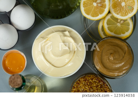 Classic White Mayonnaise Popular Condiment Top View Classic White Mayonnaise Popular Condiment Top View 123914038