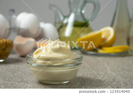 Traditional mayonnaise sauce among the ingredients eggs, butter, mustard and lemons. Traditional mayonnaise sauce among the ingredients eggs, butter, mustard and lemons. 123914040