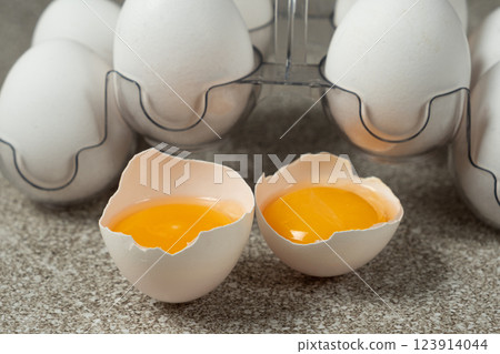 Fresh raw chicken eggs in egg stand close-up. 123914044