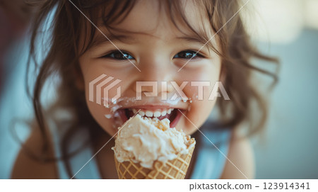 Happy Child Eating Ice Cream Cone 123914341