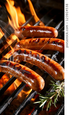 Four grilled sausages on grill. Long fire flames and smoke. For barbecue. AI illustration 123914538