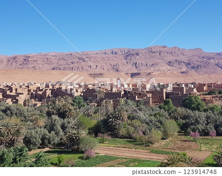 A city in a desert with mountains in the background A city in a desert with mountains in the background 123914748