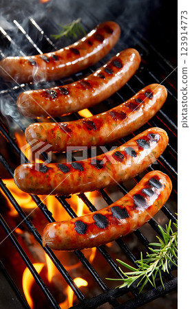 Five grilled sausages and rosemary on grill over fire. Top view. Vertical layout. AI illustration 123914773