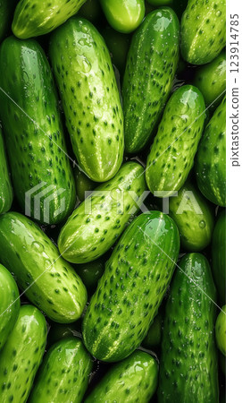 Fresh green cucumbers background. Vertical layout. AI generated Fresh green cucumbers background. Vertical layout. AI generated 123914785