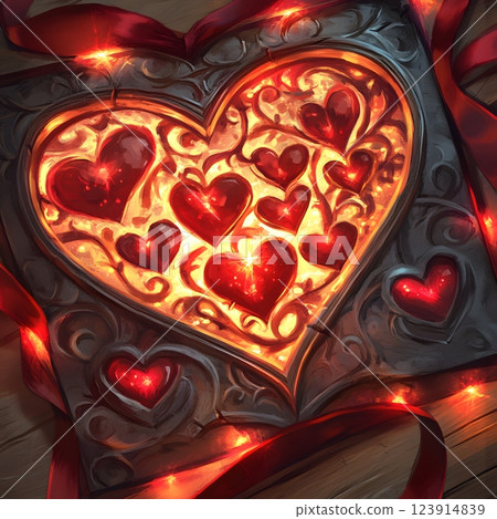 close up of heart in golden gift box on wooden table close up of heart in golden gift box on wooden table 123914839