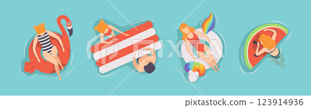 People Floating on Air Mattresses in Swimming Pool Vector Set 123914936