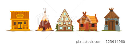 Traditional House, Hut and Dwelling of Different Material Vector Set 123914960