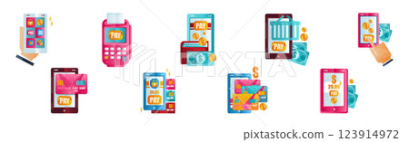 Mobile Online Payment and Money Transaction Flat Icon Vector Set 123914972