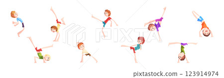 Cute Little Boy Somersaulting Doing Physical Exercise and Stunt Vector Set 123914974