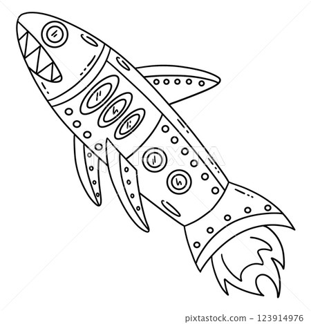 Space Shark Rocket Isolated Coloring Page for Kids 123914976