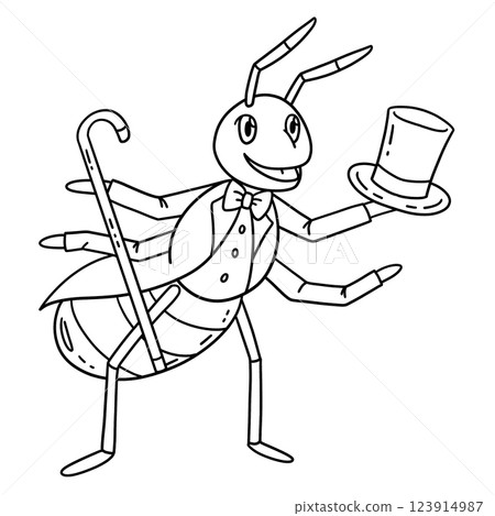 Ant Wearing Suit and Staff Isolated Coloring Page  123914987