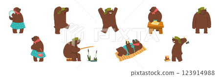 Funny Bear Character with Cute Snout Engaged in Different Activity Vector Set 123914988