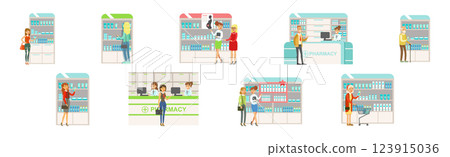 People Character at Pharmacy Store Choosing And Buying Drugs Vector Set People Character at Pharmacy Store Choosing And Buying Drugs Vector Set 123915036