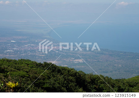 Scenic view of coastal landscape from elevated viewpoint on a clear day in summer 123915149