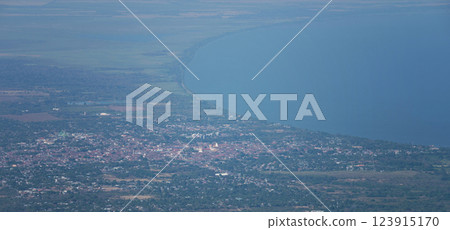 View of a coastal town beside a vast lake, showcasing natural beauty from above 123915170