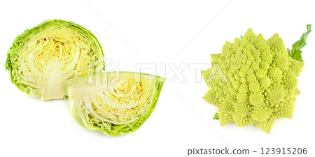 White cabbage and romanesco broccoli isolated on white background. White cabbage and romanesco broccoli isolated on white background. 123915206