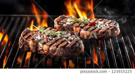 Grilled meat on grill with rosemary. Coals are on fire. FAI generated illustration 123915225