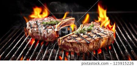 Grilled meat on black grill. Coals are on fire. For barbecue. AI generated illustration 123915226