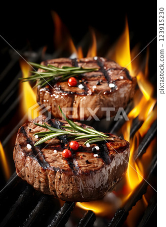 Grilled meat on grill. Coals are on fire. For barbecue parties. AI illustration. Vertical layout 123915230