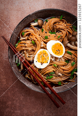buckwheat noodles, soba, with shimeji mushrooms, boiled egg, green onion, sesame seeds, homemade, no people, 123915267
