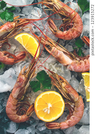 Tiger prawns, boiled and frozen, on ice, top view, close-up, no people, 123915272