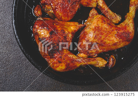 baked chicken legs, with crispy skin, served in a pan, rustic style, homemade, no people, 123915275