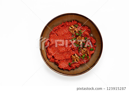 Mahammara red pepper sauce, with walnuts, and sprigs of fresh microgreens, homemade, no people, Mahammara red pepper sauce, with walnuts, and sprigs of fresh microgreens, homemade, no people, 123915287