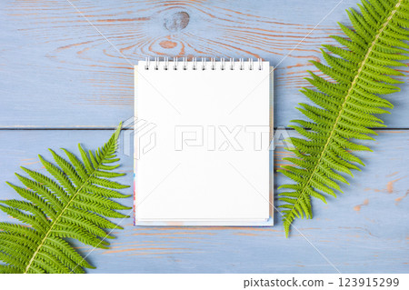 Open paper notebook with empty page with green fern leaves on a wooden blue table. Top view, flat lay, work space on blue background. Hello spring 123915299