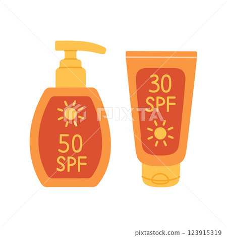 Sunscreen cream in bottle and tube. Sun protection products set. Lotion with SPF 30 and 50. Sunblock summer cosmetics. Skin care. Vector flat illustration isolated on white background Sunscreen cream in bottle and tube. Sun protection products set. Lotion with SPF 30 and 50. Sunblock summer cosmetics. Skin care. Vector flat illustration isolated on white background 123915319