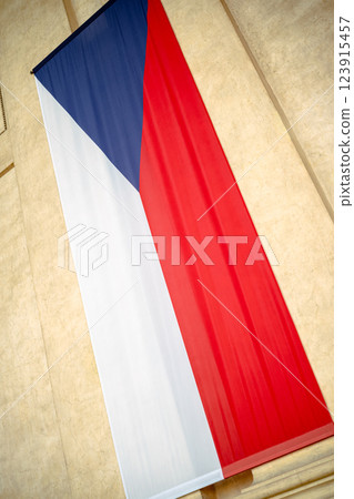 Czech Republic's National Flag On The Facade Of A Building Czech Republic's National Flag On The Facade Of A Building 123915457
