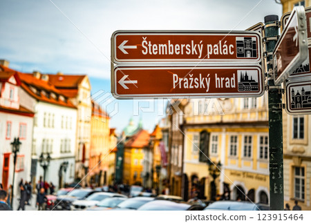 Signposts For Tourists In Old Town Of Prague Feature The Main Sights Of The City Signposts For Tourists In Old Town Of Prague Feature The Main Sights Of The City 123915464