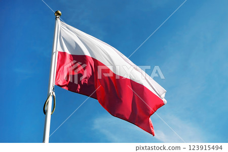 Polish National Flag Waving On A Pole Against The Sky Background Polish National Flag Waving On A Pole Against The Sky Background 123915494