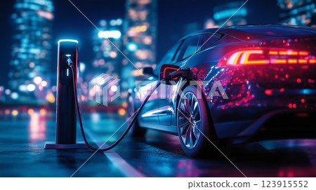 sleek electric car charging at modern station in vibrant cityscape 123915552