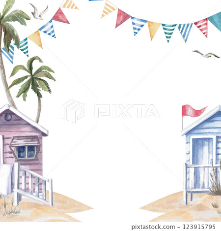 Square frame with beach houses, holiday flags, palm tree, seagull. Isolated watercolor illustration on the theme of beach holidays for the design of tourist brochures, menus of coastal restaurants. 123915795