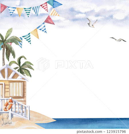 Square frame with beach house on the shore, palm tree, seagull. Isolated watercolor illustration on the theme of beach holidays for the design of tourist brochures, menus of coastal restaurants 123915796