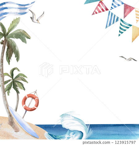 Square frame with seashore, palm tree and wave. Isolated watercolor illustration on the theme of beach holidays for design of tourist brochures, postcards, menu of coastal restaurants. 123915797