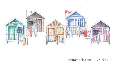 Colorful beach houses. Isolated watercolor illustration of everyday life scene for design of sea restaurants, menu, printing on t-shirts, postcards, posters. Colorful beach houses. Isolated watercolor illustration of everyday life scene for design of sea restaurants, menu, printing on t-shirts, postcards, posters. 123915798