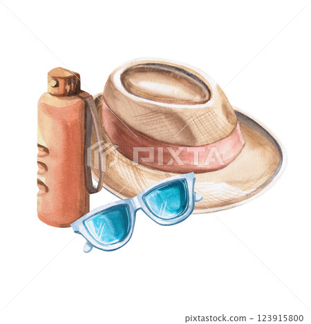 Straw hat, sunglasses and water bottle. Isolated watercolor illustration of summer vacation attributes for beach goods design, t-shirt printing, postcards. Straw hat, sunglasses and water bottle. Isolated watercolor illustration of summer vacation attributes for beach goods design, t-shirt printing, postcards. 123915800