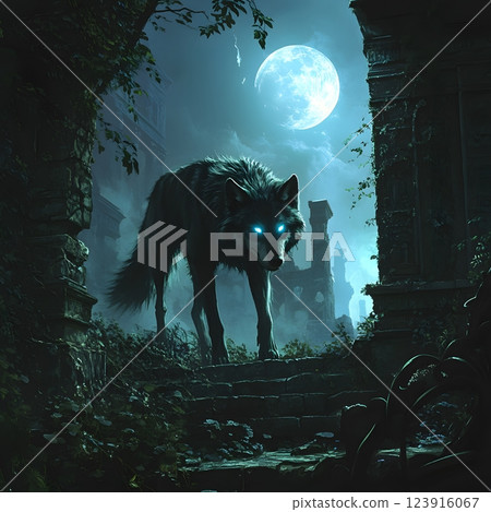 a dog in a abandoned house 123916067
