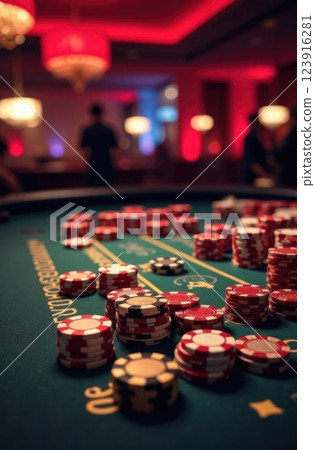 casino, vertical banner, bright abstract background, stacks of colorful red gold casino chips on a green poker table, casino interior, copy space, free space for text 123916281