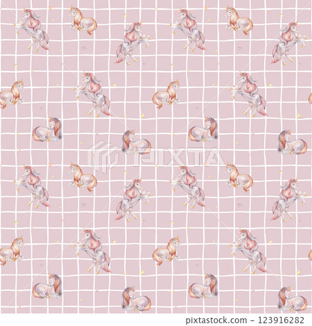 Seamless watercolor pattern with Unicorn and multicolored stars on isolated checkered background. Hand drawn Illustrations for nursery wallpaper, baby textiles or paper. Pastel colors pony Seamless watercolor pattern with Unicorn and multicolored stars on isolated checkered background. Hand drawn Illustrations for nursery wallpaper, baby textiles or paper. Pastel colors pony 123916282