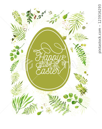 Easter card with watercolor green leaves. hand drawn. Not AI, Vector illustration 123916293