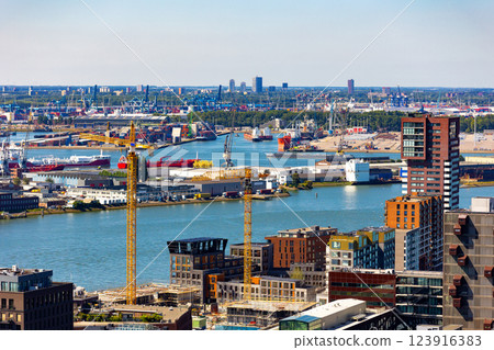 Aerial view of Rotterdam seaport on sunny summer day, Netherlands 123916383