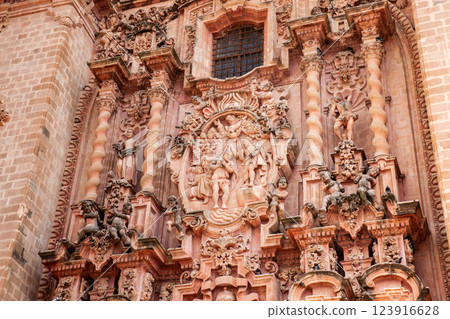 Detail of the facade of the beautiful historic Church of Santa Prisca built between 1751 and 1759 located on the east side of the main plaza of Taxco de Alarcon. Detail of the facade of the beautiful historic Church of Santa Prisca built between 1751 and 1759 located on the east side of the main plaza of Taxco de Alarcon. 123916628