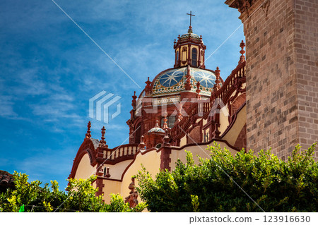 Dome of the beautiful historic Church of Santa Prisca built between 1751 and 1759 located on the east side of the main plaza of Taxco de Alarcon. 123916630