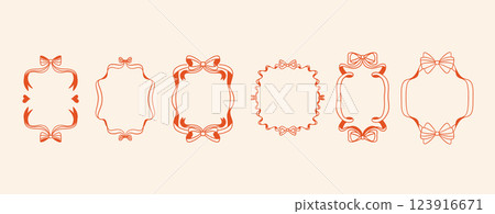 A set of vintage frames with bows and ribbons. Prints, greeting cards, wedding and birthday party, invitations. 123916671