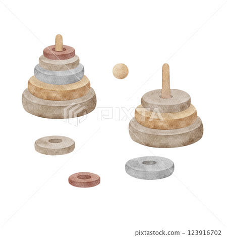 Children's vintage toy pyramid of wooden rings. Watercolor illustration retro style hand drawn on isolated background for greeting cards happy birthday baby, christmas invitations, design, handmade 123916702