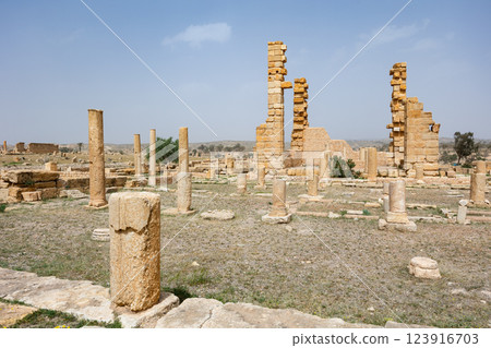 Remains of central part of ancient Roman temple with columns old town Sufetula, 123916703