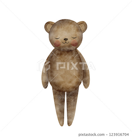 Toy plush bear retro teddy stands handmade. Watercolor vintage illustration. Cartoon style character isolated on white for design of children's products, labels, poster, postcard, clothes, invitations 123916704