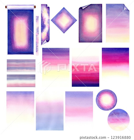 Purple blue pink yellow abstract background. Blurred vertical soft gradient from top to bottom of image. Set of watercolor patterns of gentle sunrise or sunset. Multicolor morning and evening sky 123916880
